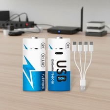 Rechargeable D Cell Lithium Batteries - 4 Pack, 12000mWh with Smart Charging