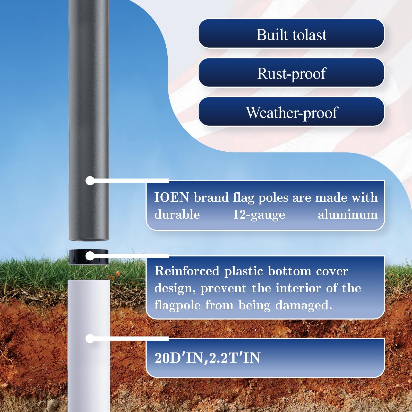 25 FT 12 Gauge Heavy Duty Flag Pole - Extra Thick Aluminum Flagpole kit with .