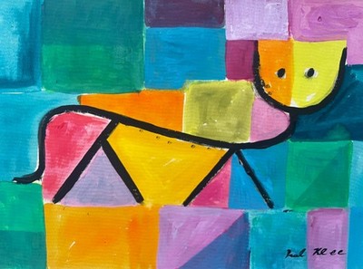 Paul Klee Kubist Original Gemälde Abstrakt Papier Tier Hund Katze Kunst Signiert E82