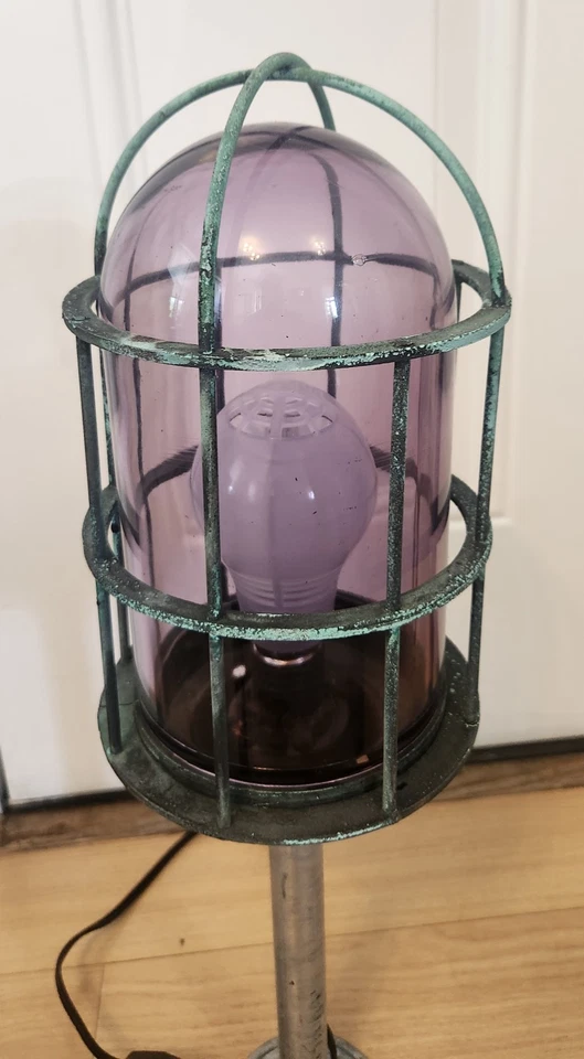 ANTIQUE TAPLET EXPLOSION PROOF PURPLE GLASS CAGE LIGHT FIXTURE BRASS LAMP — 第 4/4 张图片