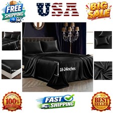 4Pcs Extra Deep Pocket Satin Sheet Set Queen Size, Black  Ultra Silky Soft S...