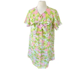 Vintage 60s Robe House Dress Size 12 House Coat Duster MOD Flower Power Button