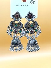  Indian Jumka Earrings ? Oxidized Silver Vintage Dangle Drop ? Ethnic B