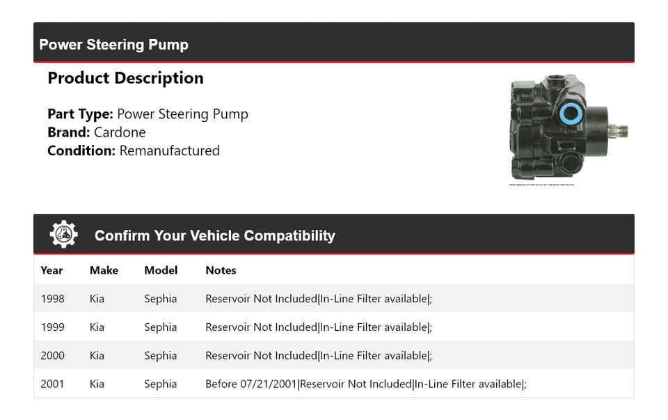 Bomba de dirección asistida Cardone 1999 2000 para Kia Sephia 1998-2001 Foto 2 de 4