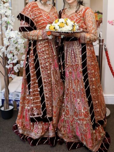 Heavy Mehndi Lengha Pomarańczowy, Różowy. Rozmiar 12/14, azjatycka pakistańska sukienka indyjska - Zdjęcie 1 z 3