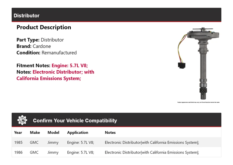 Для 1985-1986 GMC Jimmy 5.7L V8 дистрибьютор Cardone - Изображение 2 из 4