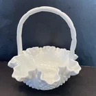 Fenton Ruffled Crimped White Milk Glass Basket w/Handle Partial Sticker Hobnail