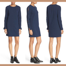 NWT $395 tibi Button Sleeve Crepe Shift Dress in Midnight Navy [SZ 00 ] #M940