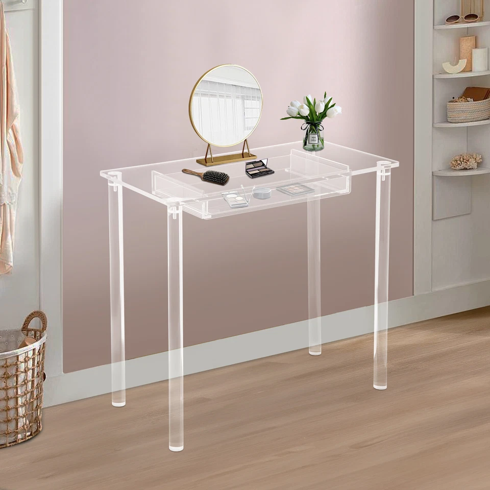 Escritorio tocador de maquillaje acrílico - Mesa de tocador transparente con cajón - Mesa de maquillaje pequeña Foto 3 de 4