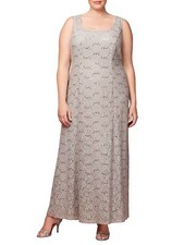 Nwt 450 Alex Evenings Women'S Beige Sequined Lace Sleeveless Gown Dress Size 12