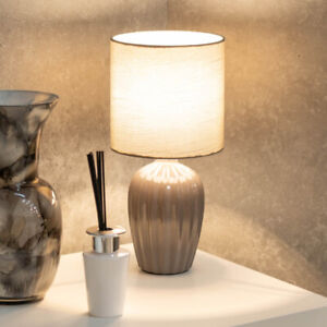 Grey Fluted Table Lamp Traditional Ceramic Base Fabric Lampshade Light LED Bulb - Picture 2 of 6