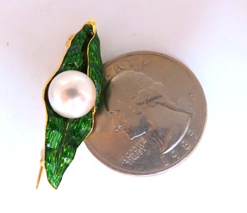 18kt Gold Enamel Leaf Pearl Pin - Picture 4 of 5