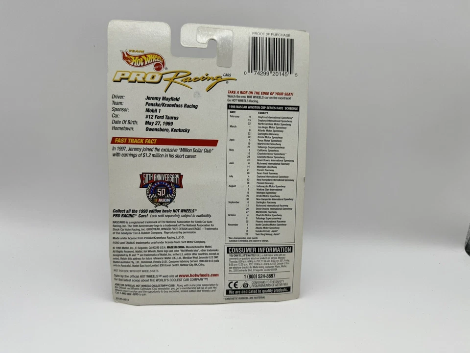 NASCAR Hot Wheels Pro Racing #12 Jeremy Mayfield Mobil 1 1:64 car - NIP - Image 2 of 2