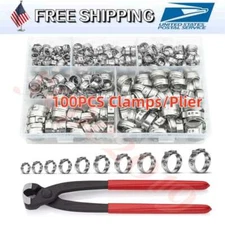 100PCS Single Ear Stepless Hose Clamp Stainless Steel/Pliers Crimping Tool USA