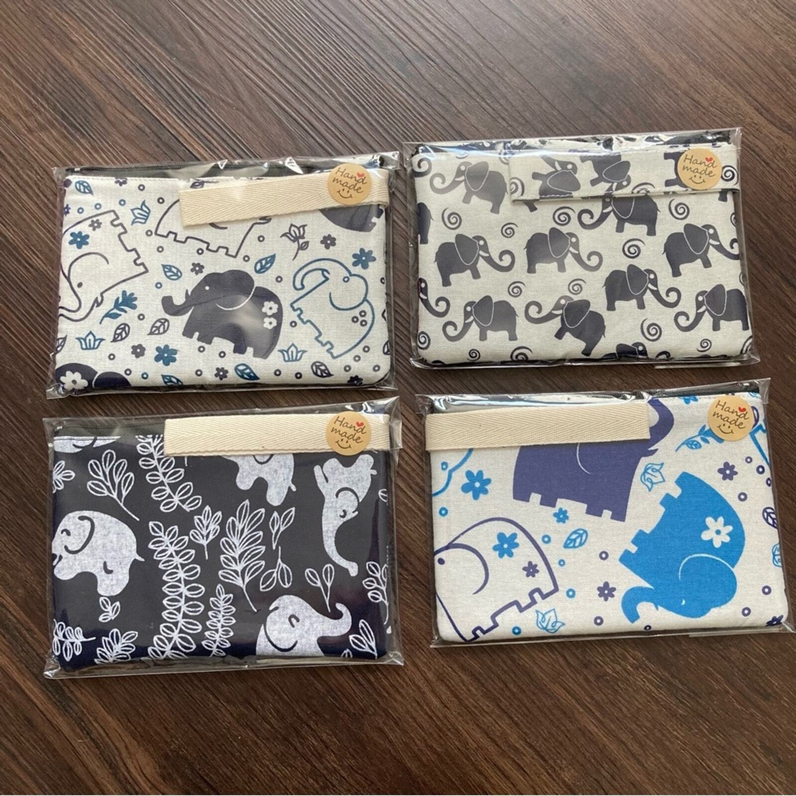 New Elephant wristlet bags lot of 4 handmade cotton toiletries cosmetic zips