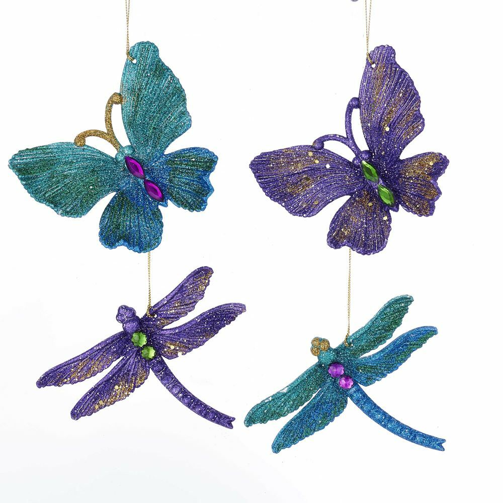 Set of 4 Sparkling BUTTERFLY & DRAGONFLY Christmas Ornaments