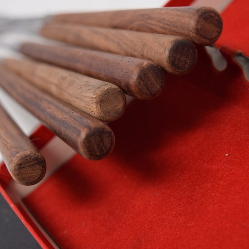 Forchette per fonduta vintage MCM set 6 acciaio inox e legno scatola giapponese minimalista elegante - Foto 11 di 15