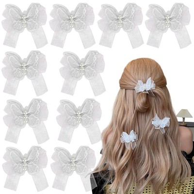 10Pcs WHITE Butterfly Hair Clips, Cute Lace Embroidery Flower Butterfly Hair Bow
