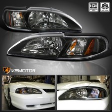 Fits 1994-1998 Ford Mustang 1pc Style Black Headlights Corner Signal Lamps 94-98