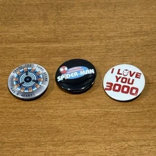 Set Of 3 Disney Marvel Bioworld Button Pin Spiderman Iron Man Tony Spark Cartoon