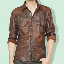 Men's Brown Leather Causal Shirt Genuine Lambskin Leather Shirt Slim Fit Shirt