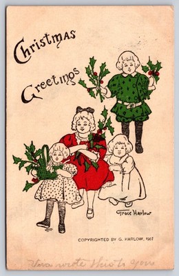 Four Children With Holly,1907 Christmas Greeting By Artist Grace Harlow Postcard