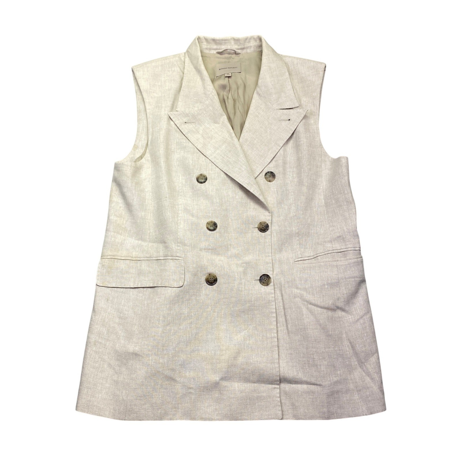 Banana Republic Palma Linen Long Vest Natural Beige Double Breasted Size 16