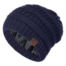 Navy Blue Satin Lined Beanie for Women Men Teen - Slouchy Warm Winter Hats wi...