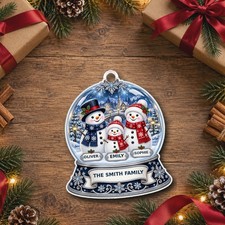 Personalised Christmas Bauble Snowman Family 3 Names Snow Globe Xmas Keepsake