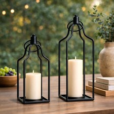 Set of 2 Modern Farmhouse Lantern Decor, Black Metal Lanterns, Decorate Modern