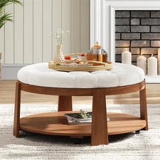 Modern Large Round Ottoman Coffee Table 2-Tier Oversized Button Tufted Ottoman
