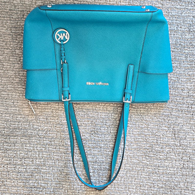 Michael Kors Blue Zip Tote Shoulder Bag, Silver Hardware, Pockets, MK Charm