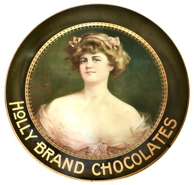 American Large Size Soda Fountain ''Charger'' Tray ''Holly Brand Chocolates'' C.1910