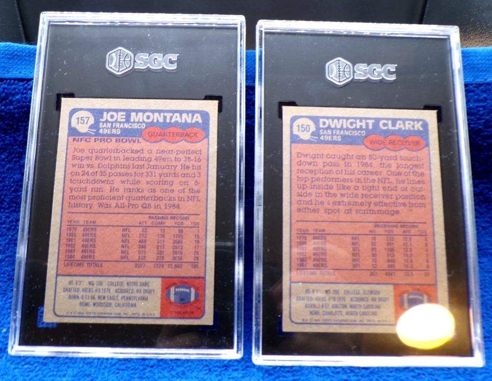 1985 JOE MONTANA #157 & DWIGHT CLARK #150, The CATCH, (2) SGC 8 - Image 2 of 2