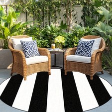 1pc Black White Striped Round Mat - Durable Polyester, Hand Wash Only, Machine