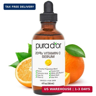PURA D'OR 20% Vitamin C Facial Serum 4 Oz Antioxidant Blend w/Retinol, Hyaluroni