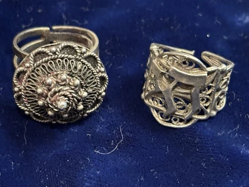 2 vintage Israel Yemenite rings Size 7 adjustable, chai, sterling and 900 silver