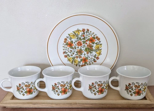 Corelle Corning Indian Summer Set 4 Vintage MCM Coffee / Tea Cups & Accent Plate