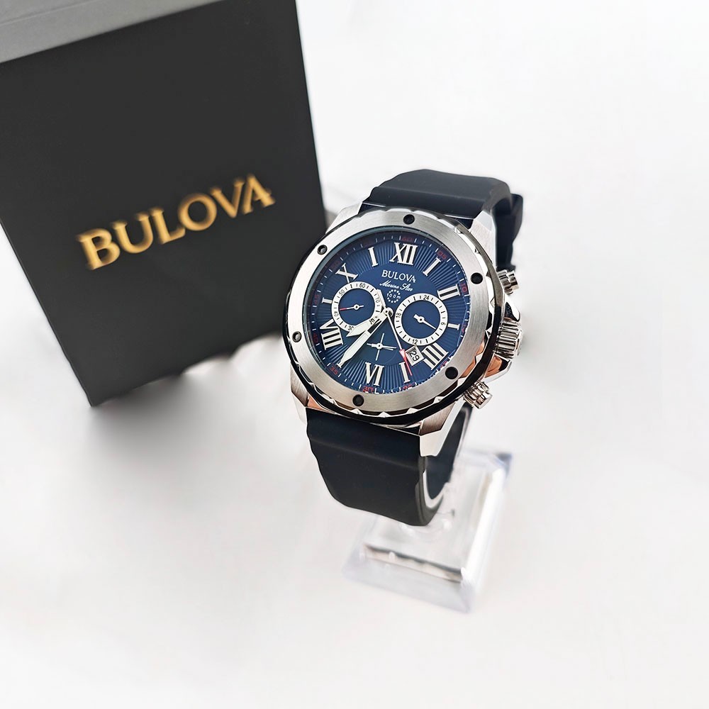Bulova 98B258 Marine Star Blue Dial Black Rubber Strap Quartz Men's Watch 44mm