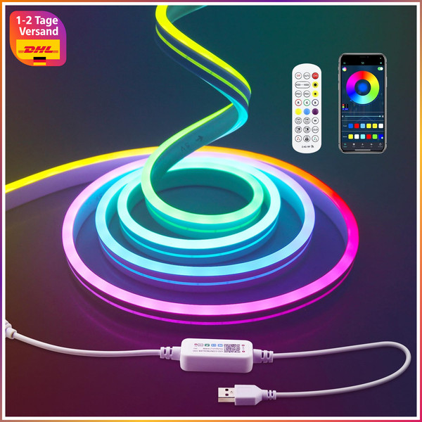 LED Neon Streifen RGB Wasserdicht Dimmbar Mit Fernbedienung App-Steuerung 2M-image