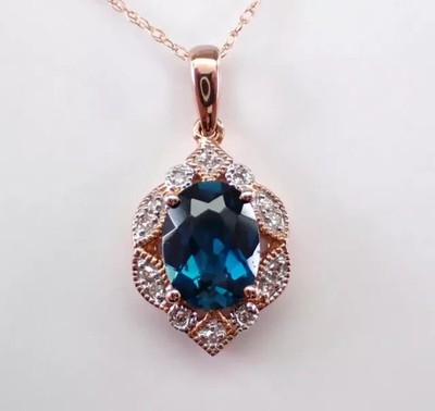 2Ct Oval Lab-Created London Blue Topaz Halo Charm Pendant 14K Rose Gold Plated