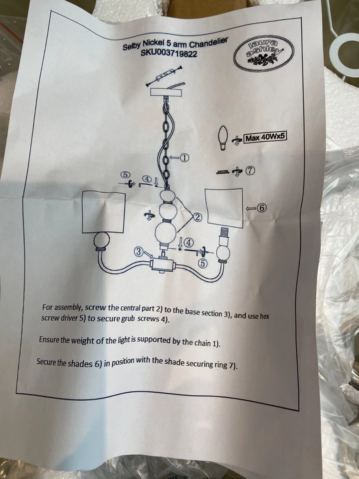 LAURA ASHLEY Selby 5 Light Chandelier Nickel/Clear Glass new boxed RRP £295 - Image 3 of 4