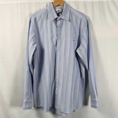 Lacoste Mens 42 Long Sleeve Striped Dress Shirt Blue White Crocodile Cotton