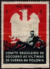 Raro Francobollo Poster Brasile Comitato Brasiliano 1000Réis Soccorso Vittime Guerra Polonia