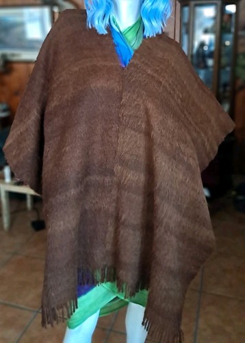 Vintage 70s Peruvian  Poncho Two Panel Fringed Knit Alpaca   Unisex 43"×76" Wide