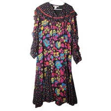 Vintage Elaine Jessley Maxi Dress Size 18 Black Colorful Paisley Floral Ruffles