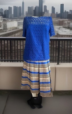 NWT Akris Punto Blue Eyelet Tan Stripe Black Dress Skirt Top Size 6