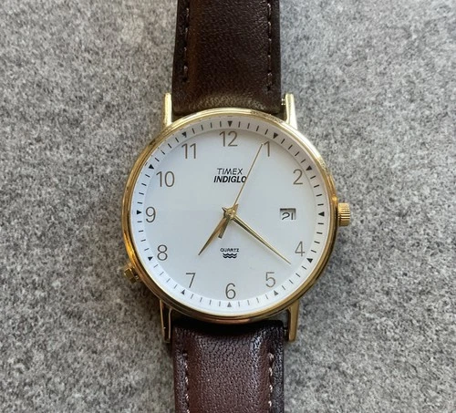 Vintage Timex Mens Watch 35mm Gold Tone Case White Indiglo Dial Leather Band B-K