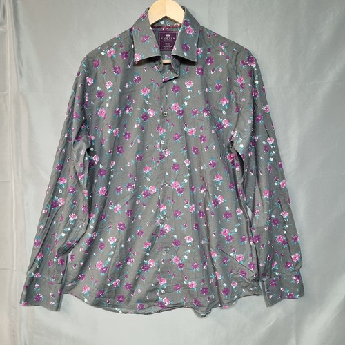 Hawes & Curtis Men's Shirt Large Gray Floral Slim Fit Button-Up Long Sleeve