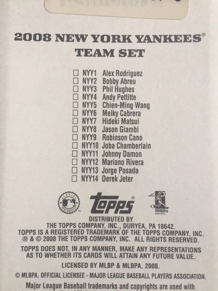 TOPPS 2008 New York Yankees Team Set-Baseball 14 Cards-Factory Sealed RARE!!!!! - Image 2 of 2